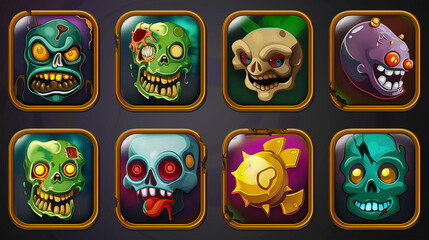 Zombie asset or Slot game icons on dark background, Illustration