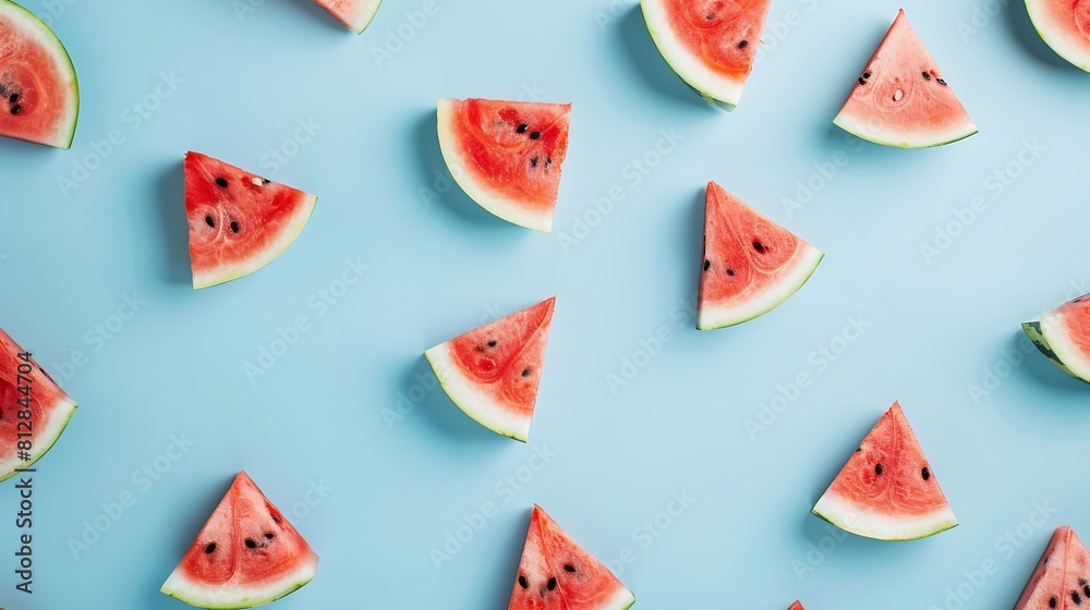 Poster colorful fruit pattern of fresh watermelon slices on blue background from top view : generative ai
