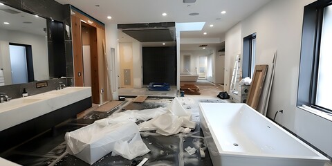 Renovating bathroom with new bathtub sinks and plumbing in progress. Concept Bathroom Renovation, New Bathtub Installation, Sink Replacement, Plumbing Updates