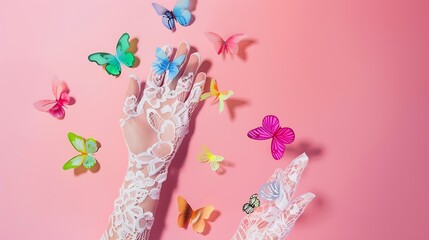 Spring creative layout with woman hand in lace glove and colorful butterflies  on pastel pink  background 80s 90s retro romantic aesthetic summer concept Minimal surreal fashion idea : Generative AI