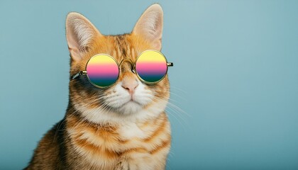 Chic and Cool: A Ginger Cat Sporting Pink-Tinted Sunglasses for a Playful Pose Against a Light Blue Backdrop