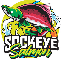 Vector Illustration of Sockeye Salmon and Waves with Vintage Illustration Available for Fishing Logo