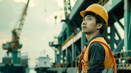 port inspector looking up controlling cargo distribution.