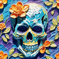 Impasto skull in El Dia de los Muertos style on jasmine flower created with Generative AI technology. - obrazy, fototapety, plakaty