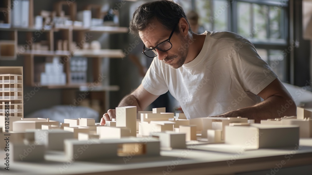 Poster Man architect working in office on creation of new residential complex designing layout of buildings : Generative AI