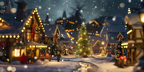Christmas village with Tree at night background - Ai Generated