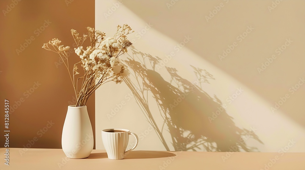 Poster creative composition of white vase with dry flowers and cup of coffee on brown and pastel beige back