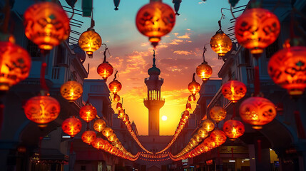 sunset radiance of the mosque tower illuminated by a colorful array of lanterns, including orange, red, and hanging lanterns, with a prominent red lantern in the foreground