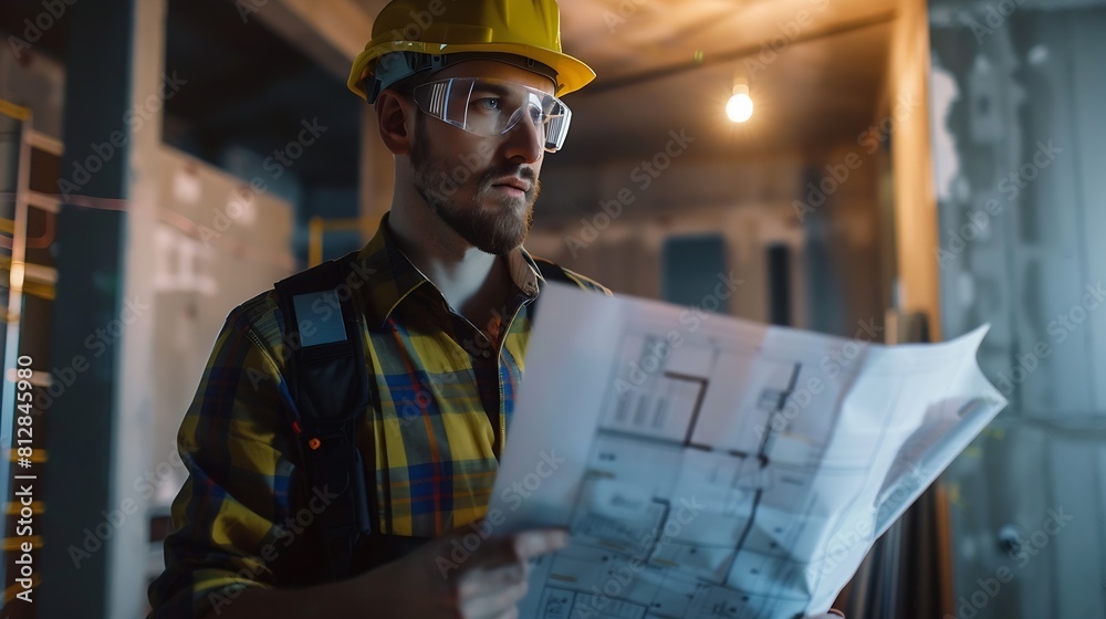 Poster Portrait of an architect builder studying layout plan of the rooms serious civil engineer working with documents on construction site : Generative AI
