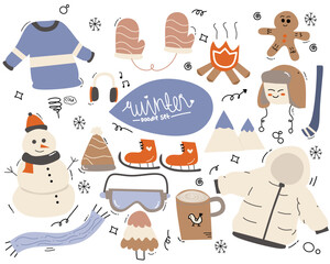 set of winter elements flat design pastel blue kawaii
