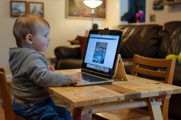 Curious toddler sits at a small table, focused on a laptop screen in a cozy living room setting - Powered by Adobe
