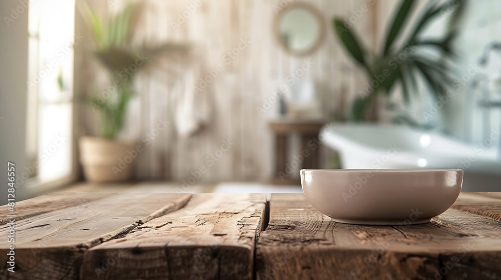 Poster wood tabletop on blur bathroom background design key visual layout : generative ai