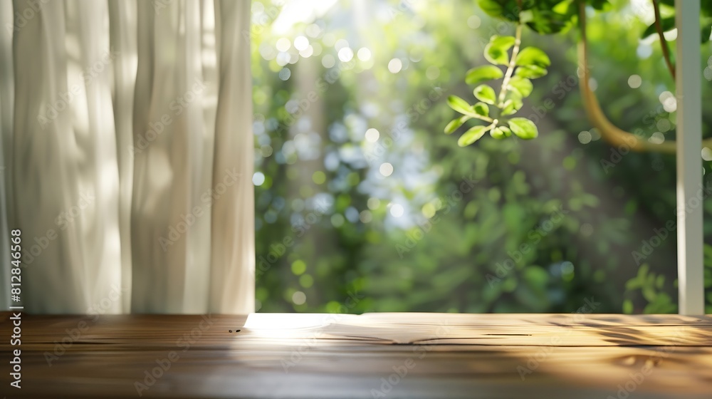 Fototapete selective focusEmpty of wood table top on blur of curtain window and abstract green from garden with sunlight For montage product display or design key visual layout : Generative AI