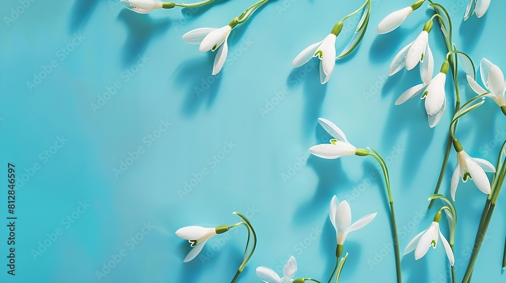 Poster creative layout made with snowdrop flowers on bright blue background flat lay spring minimal concept