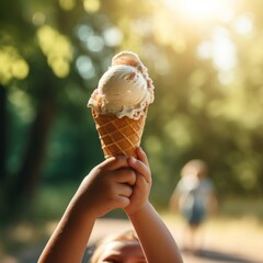 Close up of hand holding ice cream cones.