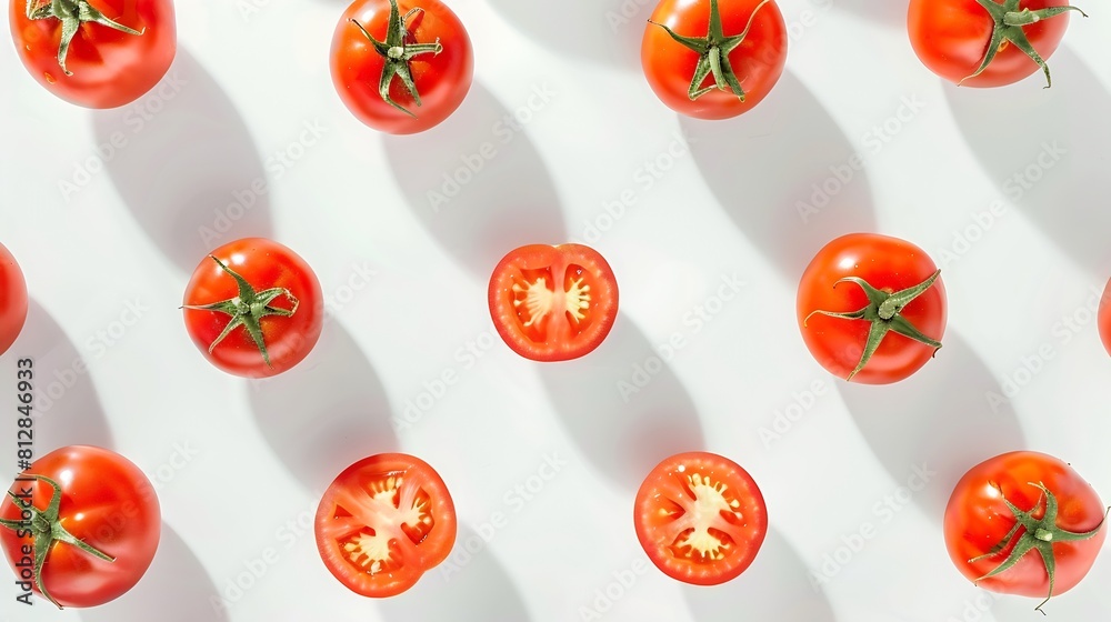 Poster creative layout made of tomato on the white background flat lay food concept tomato on the white bac