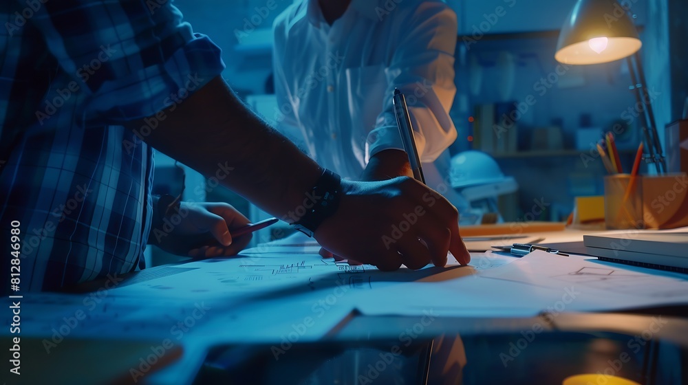 Poster Engineer discussing meeting for architectural project working with partner and engineering tools on workplace Planning Design Draw Teamwork : Generative AI