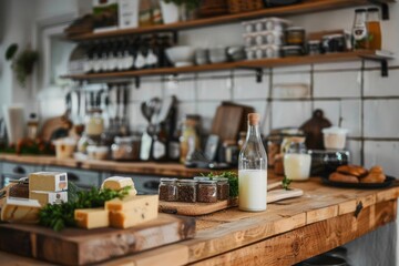 A wooden countertop showcasing a diversity of dairy with a focus on the freshness and natural quality of the products