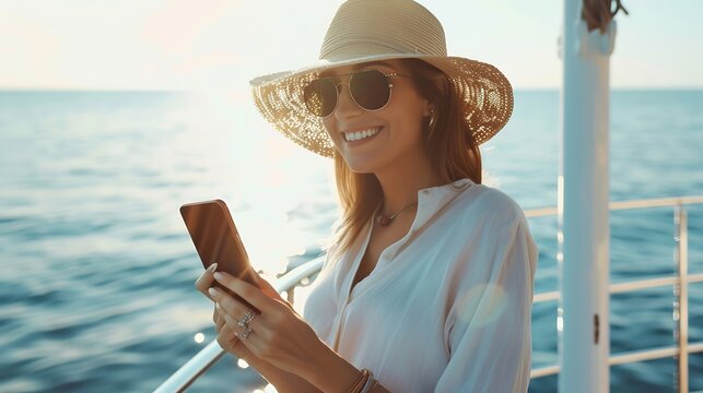 Luxury travel on the yacht Young happy woman using smartphone on boat deck sailing the sea Yachting and technology : Generative AI