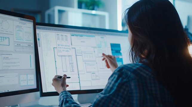 Woman designer create website design wireframe Sketch prototype framework layout future design project UI and UX  user interface user experience designer Creative concept for web desig : Generative AI