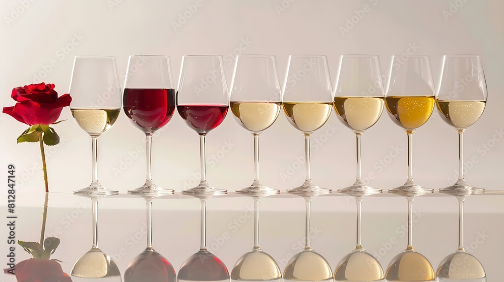 Poster glasses with red rose and white wine standing in a line against white background with shadows and re