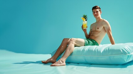 Full body young sexy man wearing green shorts swimsuit relax near hotel pool sit on mattress drink cocktail from pineapple isolated on plain blue background Summer vacation sea rest su : Generative AI