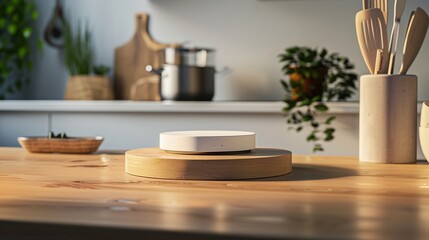 Pedestal for product display on wooden desk and kitchen interior : Generative AI