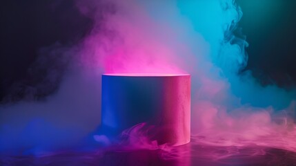 White stone cylinder podium with smoke in colored neon light in the dark : Generative AI
