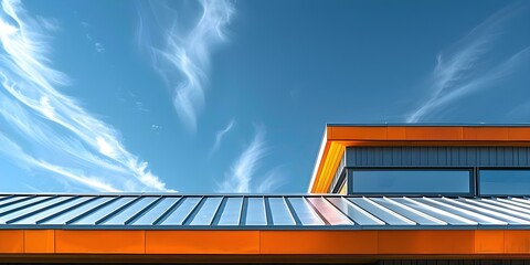 Metal Roof of House with Sky in Background: Upper Section of Building is Visible. Concept Metal Roof, House, Sky, Upper Section, Building