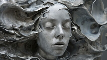 Sculpture made of silver depicting a womans head - obrazy, fototapety, plakaty