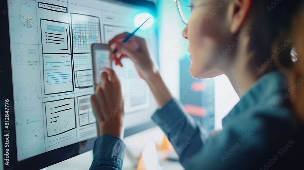 Fototapete Woman designer create website design wireframe Sketch prototype framework layout future design project UI and UX  user interface user experience designer Creative concept for web desig : Generative AI