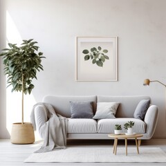 Living room with a black and white framed picture on the wall. The room is sparsely decorated.