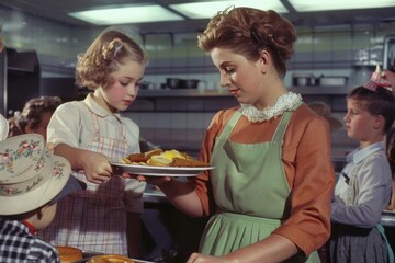 A kind woman in a cafeteria apron handing a tray of food to a young student with other children in line behind her