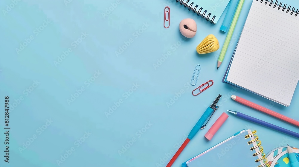 Poster back to school concept flat lay style composition with stationery and notepad on blue background top