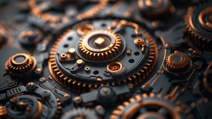 Detailed view of intricate gears interlocking on a black background - obrazy, fototapety, plakaty