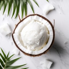 Multi-colored ice cream in a coconut lid cup.