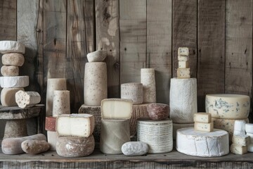 A collection of artisanal dairy products with a focus on the textures and colors of cheese varieties against a wooden background