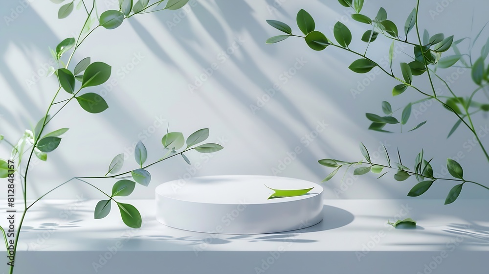Poster empty round podium and green leaves on light grey background top view pedestal and fresh natural bra