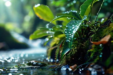 Rainforest plants and trees, rivers, streams, waterfalls, water drops. - obrazy, fototapety, plakaty