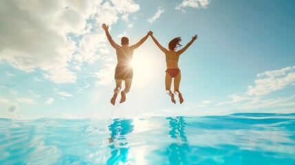 Happy couple having fun on summer vacation People jumping in swimming pool against blue sky background Active holiday concept Spring break : Generative AI