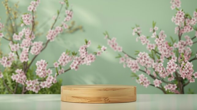 Wooden product podium with cherry blossom flowers on green background Spring mockup template display Neutral asian aesthetic : Generative AI