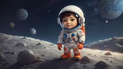 A small child in a spacesuit is standing on the surface of the moon.  - obrazy, fototapety, plakaty
