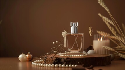 Background for branding and packaging presentation perfume product A glass bottle without label on wooden podium displayed with pearl necklace candle and wheat on brown background Fron : Generative AI