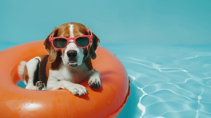 A beagle dog wearing sunglasses and an swimming circle on a blue background The concept of a summer holiday by the sea : Generative AI