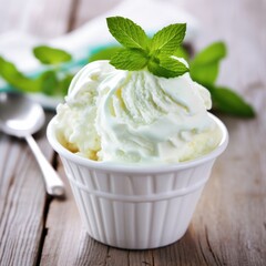 Ice cream in a white cup.