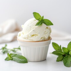 Ice cream in a white cup.
