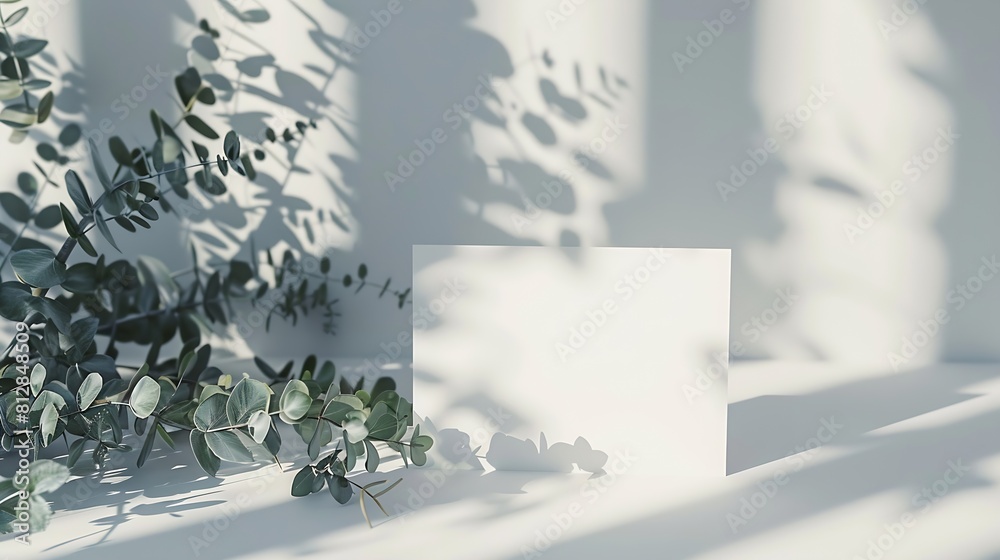 Aufkleber empty paper card and eucalyptus branches on the white table natural sunlight with trendy shadows min