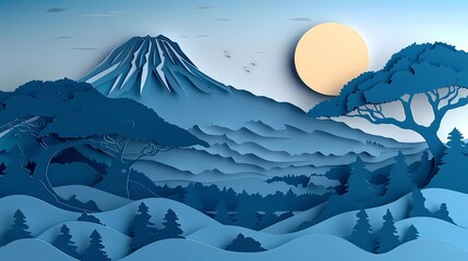 A beautiful landscape of a mountain range in the distance with a large tree in the foreground. The scene is done in a paper cut out style and the colors are blue and white.