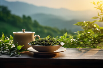 Teapot and glass on a wooden table, Tea background.