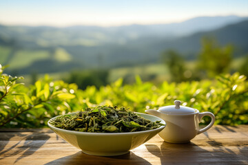 Teapot and glass on a wooden table, Tea background.